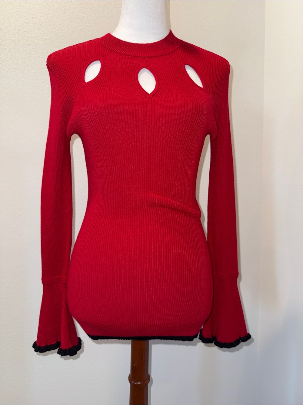Candie's Red Ribbed Long-Sleeve Fitted Top with Keyhole Cutouts